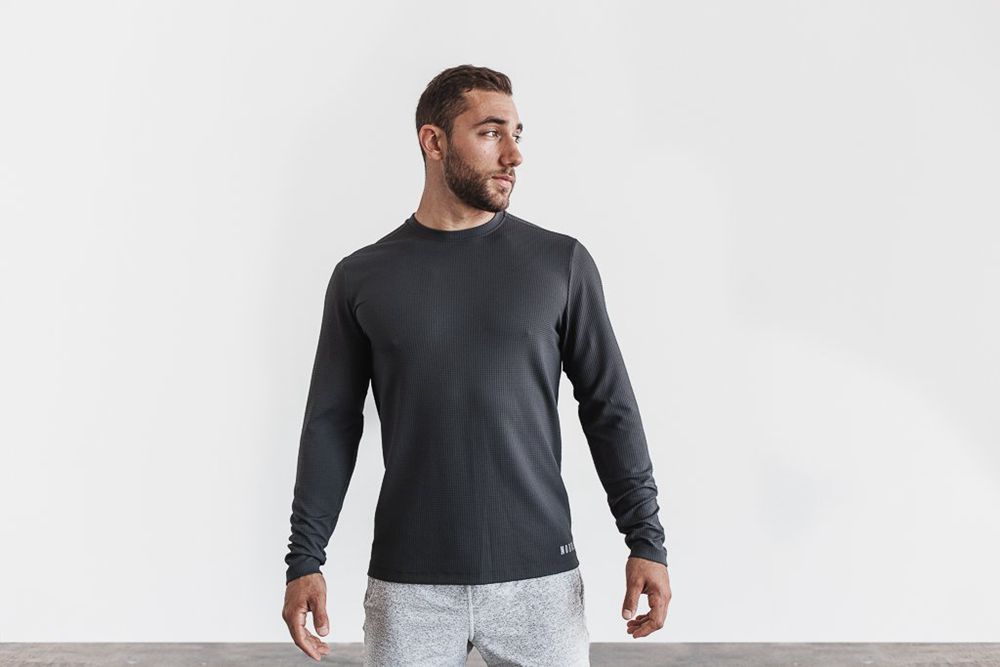 NOBULL Men's Waffle Long Sleeve - Dark Shadow - Ireland (0678LKOXZ)